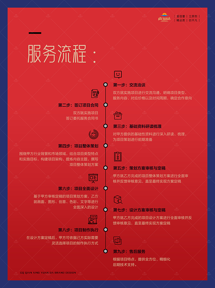 重庆虔行远达品牌设计有限责任公司于2013年由专业策划与设计师发起成立，位于重庆，服务面向全国。是一家集“品牌策划、文案撰写、创意设计、制作执行”于一体的定制创作型公司。下设品牌设计中心和广告服务中心两个核心部门。团队核心主创成员8人，其中由两个创始投资人分别直接担任策划和创作总监。 公司自成立以来，我们始终恪守建司初心，秉持“原创、求精、策划与设计并重”的整体性理念，潜心致力于：通过隽永的文字、灵动的色彩、精致的视觉呈现为您的企业、品牌或产品的形象与推广宣传，提供策划精准、意涵丰富、设计新颖的全要素一体化定制创作服务。 重庆企业宣传画册策划设计一体化解决方案： 行业背景与企业现状分析 宣传册功能定位规划 宣传册风格与色彩基调规划 宣传册内容框架策划构建 宣传册宣传文案优化撰写 宣传册版面形象策划设计 宣传册色彩色调策划设计 宣传册文字样式创意设计 服务客户： 十多年砥砺创思，深耕创作。 感恩所有的遇见！感谢新老客户的选择！ 感念每一次愉快圆满的合作“旅程”！ 虔行远达先后成功为“重庆微标科技股份公司、安徽科达洁能股份公司、重庆建工工业公司、重庆首迅科技公司、重庆易联数码科技公司、重庆伊利畅自动化设备公司、贵州东方世纪科技公司、四川广安顺福来油脂公司、重庆好工品紧固件公司、重庆东群科技公司、重庆华端信息技术工程公司、重庆希诺达通信公司、重庆拜安科技公司、重庆渝阳建筑设计公司、重庆滨南股份公司、重庆农商行股份公司、重庆建工九建公司、美心集团五州门业开发公司、重庆华德机械制造公司、重庆紫东建设工程公司、中设工程咨询公司、重庆传动轴股份公司、重庆安诚基金管理公司、重庆环保私募股权基金管理公司、重庆金共本科技发展公司、北京得一成利环境工程技术公司......”等300余家不同行业的企业客户提供了涵盖品牌策划、vi系统、商标、logo、宣传册、纪念册、文化建设、包装礼盒等不同类型项目的策划与设计服务。纪念册设计