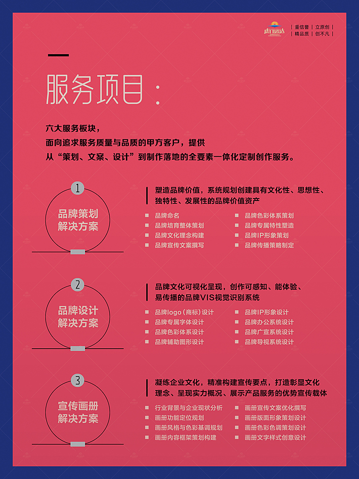 六大服务板块， 面向追求服务质量与品质的甲方客户，提供 从“策划、文案、设计”到制作落地的全要素一体化定制创作服务。,品牌策划 解决方案,塑造品牌价值，系统规划创建具有文化性、思想性、 独特性、发展性的品牌价值资产..品牌设计 解决方案,品牌文化可视化呈现，创作可感知、能体验、 易传播的品牌VIS视觉识别系统.宣传画册 解决方案,凝练企业文化，精准构建宣传要点，打造彰显文化 理念、呈现实力概况、展示产品服务的优势宣传载体.产品包装 解决方案,用包装为产品代言，用包装提升产品附加价值， 用包装畅通产品市场销路.空间文化 解决方案,v.