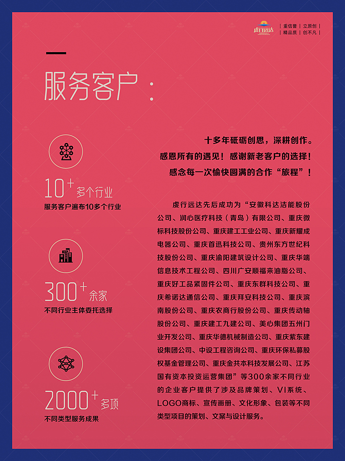 十多年砥砺创思，深耕创作。 感恩所有的遇见！感谢新老客户的选择！ 感念每一次愉快圆满的合作“旅程”！虔行远达先后成功为“安徽a科达洁能股份公司、润心医疗科技（青岛）有限公司、重庆微标科技股份公司、重庆建工工业公司、重庆新耀成电器公司、重庆首迅科技公司、贵州东方世纪科技股份公司、重庆渝阳建筑设计公司、重庆华端信息技术工程公司、四川广安顺福来油脂公司、重庆好工品紧固件公司、重庆东群科技公司、重庆希诺达通信公司、重庆拜安科技公司、重庆滨南股份公司、重庆农商行股份公司、重庆传动轴股份公司、重庆建工九建公司、美心集团五州门业开发公司、重庆华德机械制造公司、重庆紫东建设集团公司、中设工程咨询公司、重庆环保私募股权基金管理公司、重庆金共本科技发展公司、江苏国有资本投资运营集团”等300余家不同行业的企业客户提供了涉及品牌策划、vi系统、logo商标、宣传画册、文化形象、包装等不同类型项目的策划、文案与设计服务。